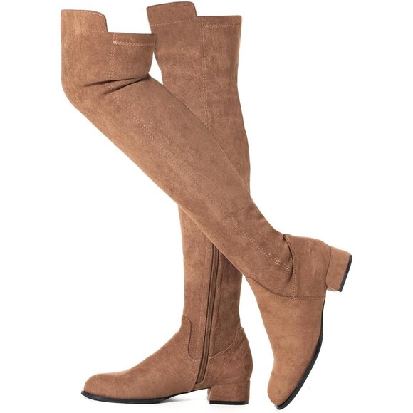 Women Brown/Flat Suede Over the Knee Thigh High Chunky Block Heel Winter Boots - Picture 1 of 7